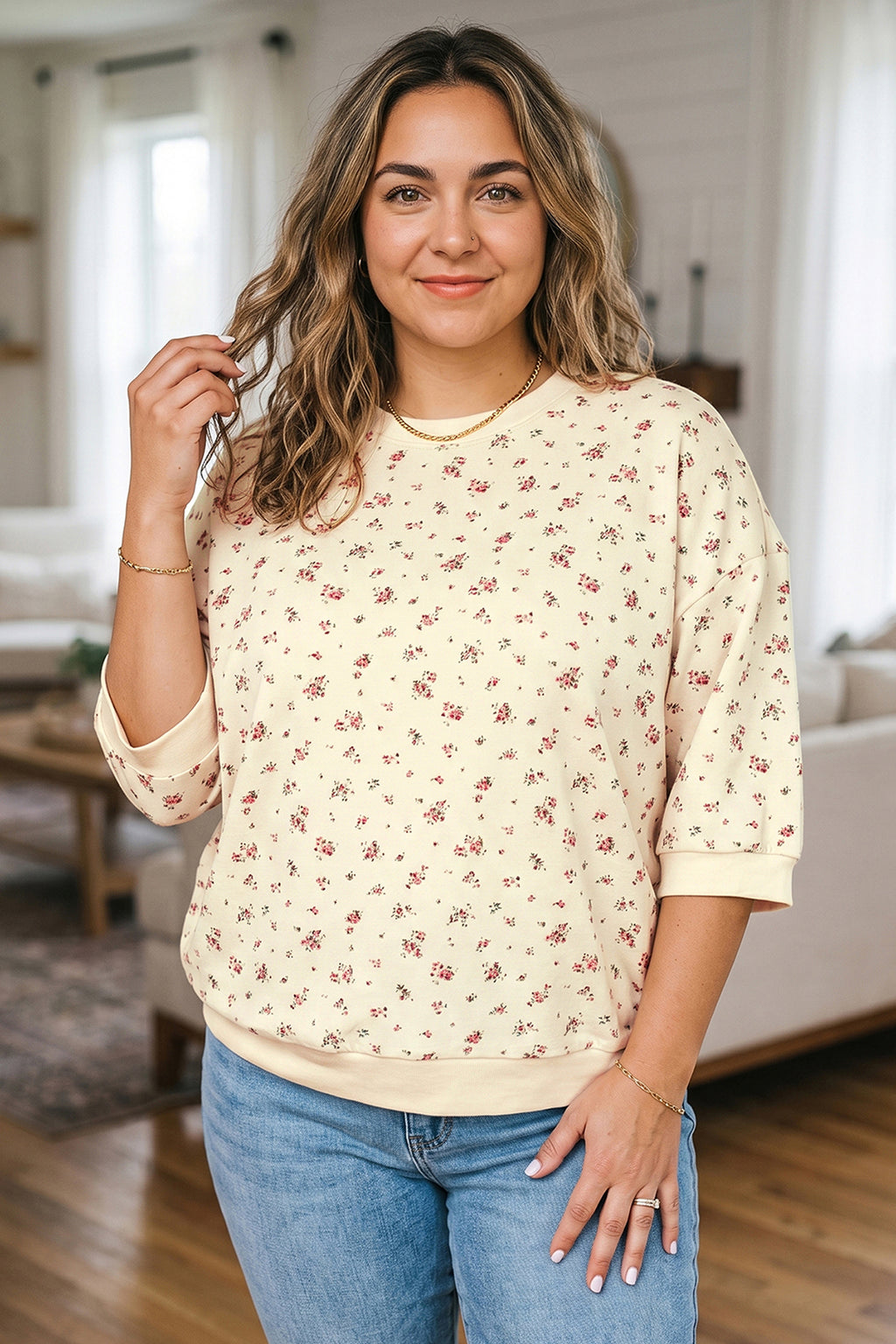 Beige Floral Print Colorblock Cuffs Hem Plus Size Blouse