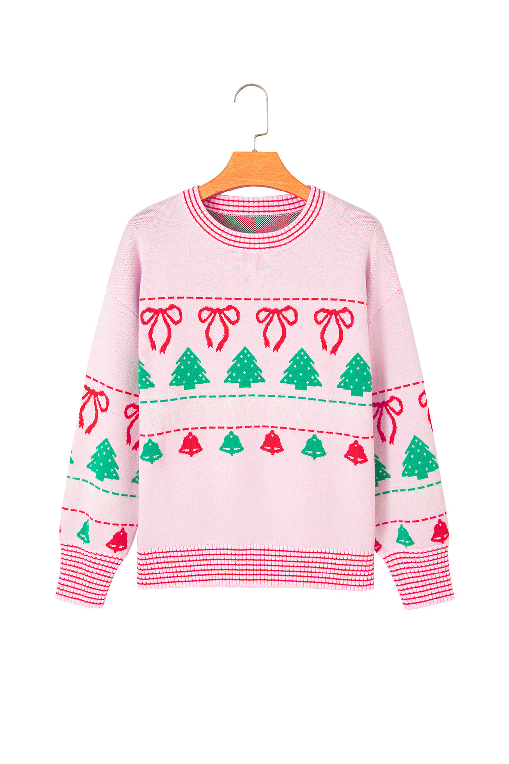 Pink Festive Holiday Print Round Neck Loose Sweater