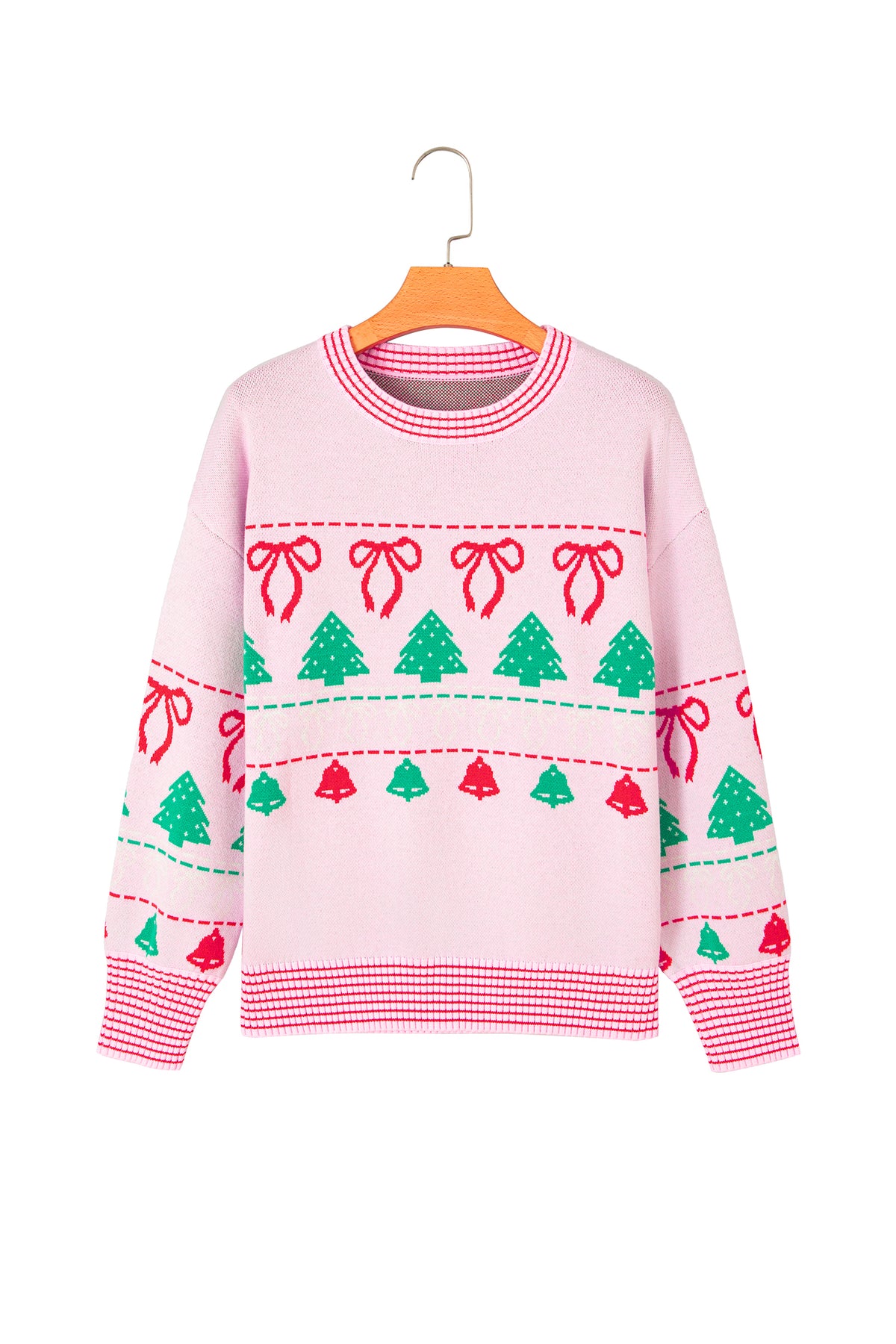 Pink Festive Holiday Print Round Neck Loose Sweater