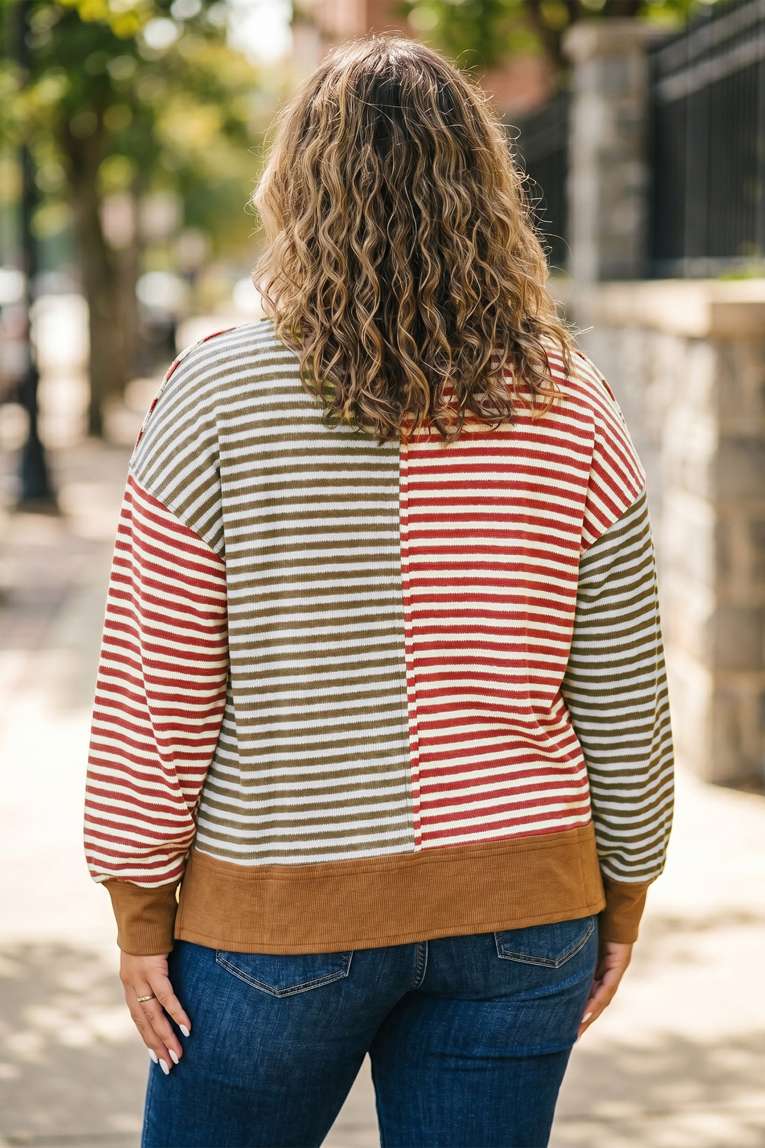 Brown Stripe Striped Colorblock V Neck Oversized Long Sleeve Plus Size Blouse