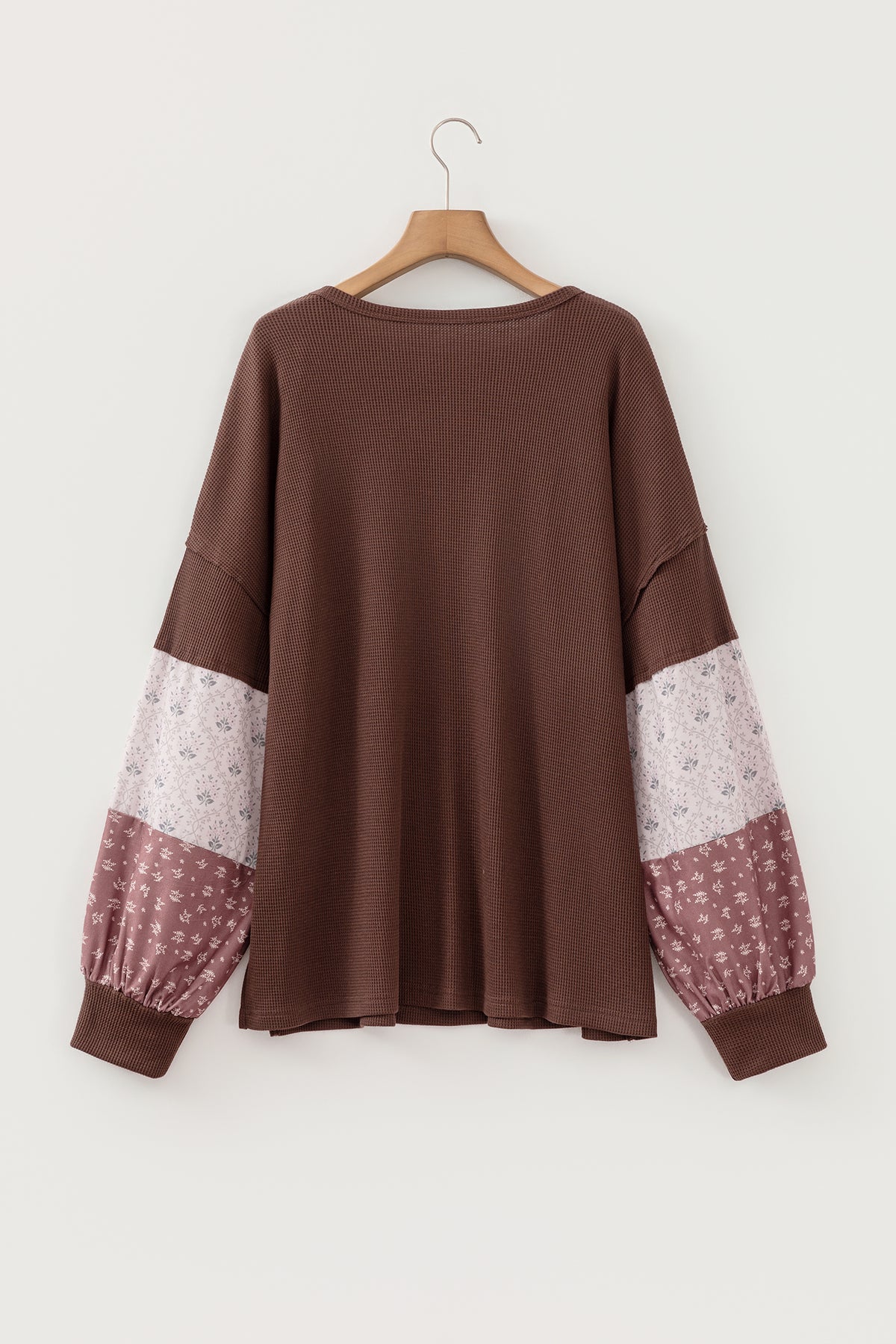 Coffee Plus Size Waffle Knit Floral Patchwork Long Sleeve Top