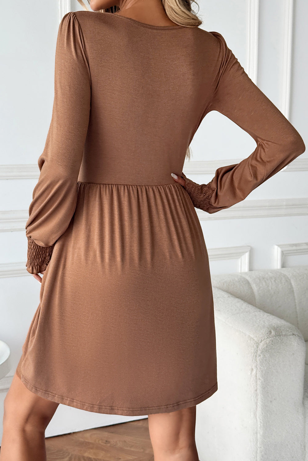 Chestnut Shirred Cuff Long Sleeve Button Round Neck Mini Dress
