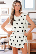White Ribbed Trim Polka Dot Print Tank Split Mini Skort 2pcs Set