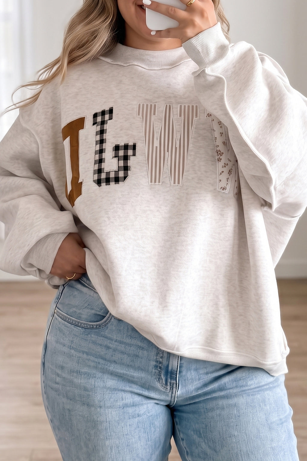 Gray WWJD Applique Exposed Seam Drop Shoulder Sweatshirt
