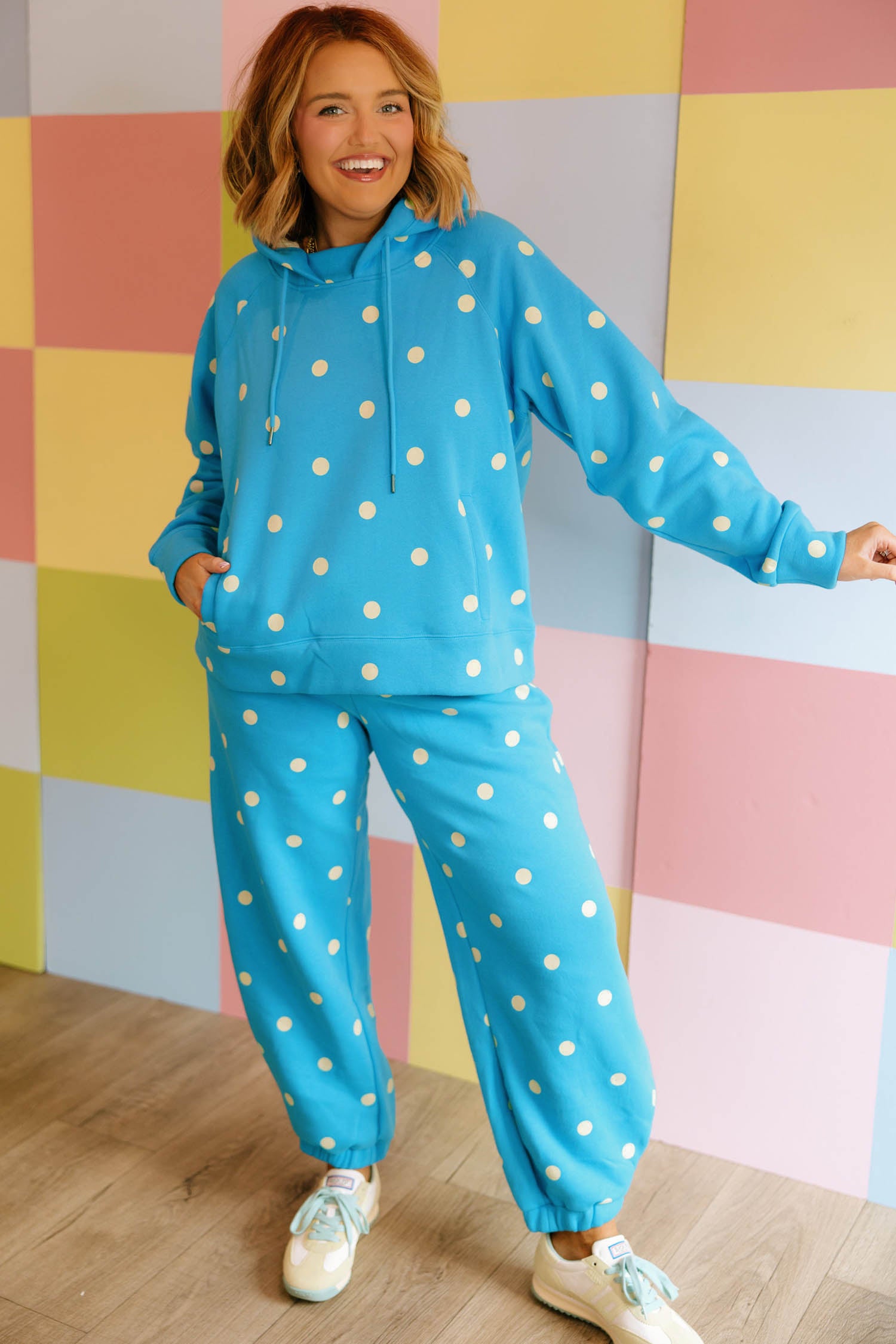 Blue Polka Dot Hooded Drawstring Long Sleeve Plus Size Set