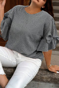 Black Plus Size Plaid Bow Decor Bell Sleeve Round Neck Pull Over