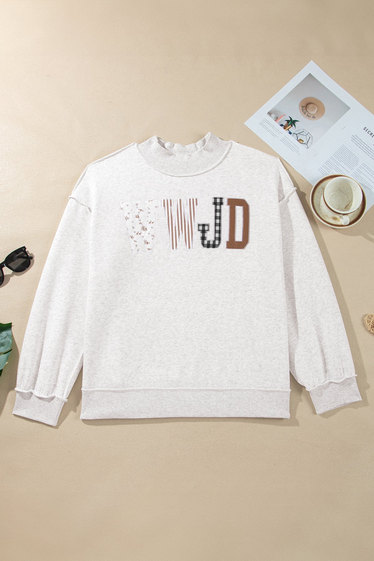 Gray WWJD Applique Exposed Seam Drop Shoulder Sweatshirt
