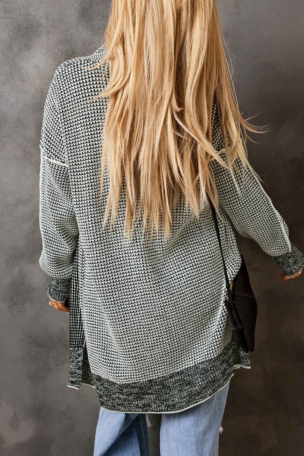 Gray Plaid Long Open Front Cardigan