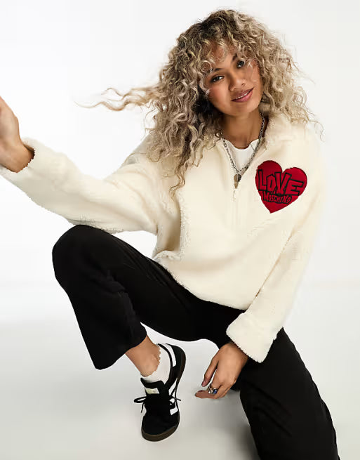 Love Moschino Teddy Pullover Jacket Love Moschino teddy heart patch sweatshirt with zip in cream