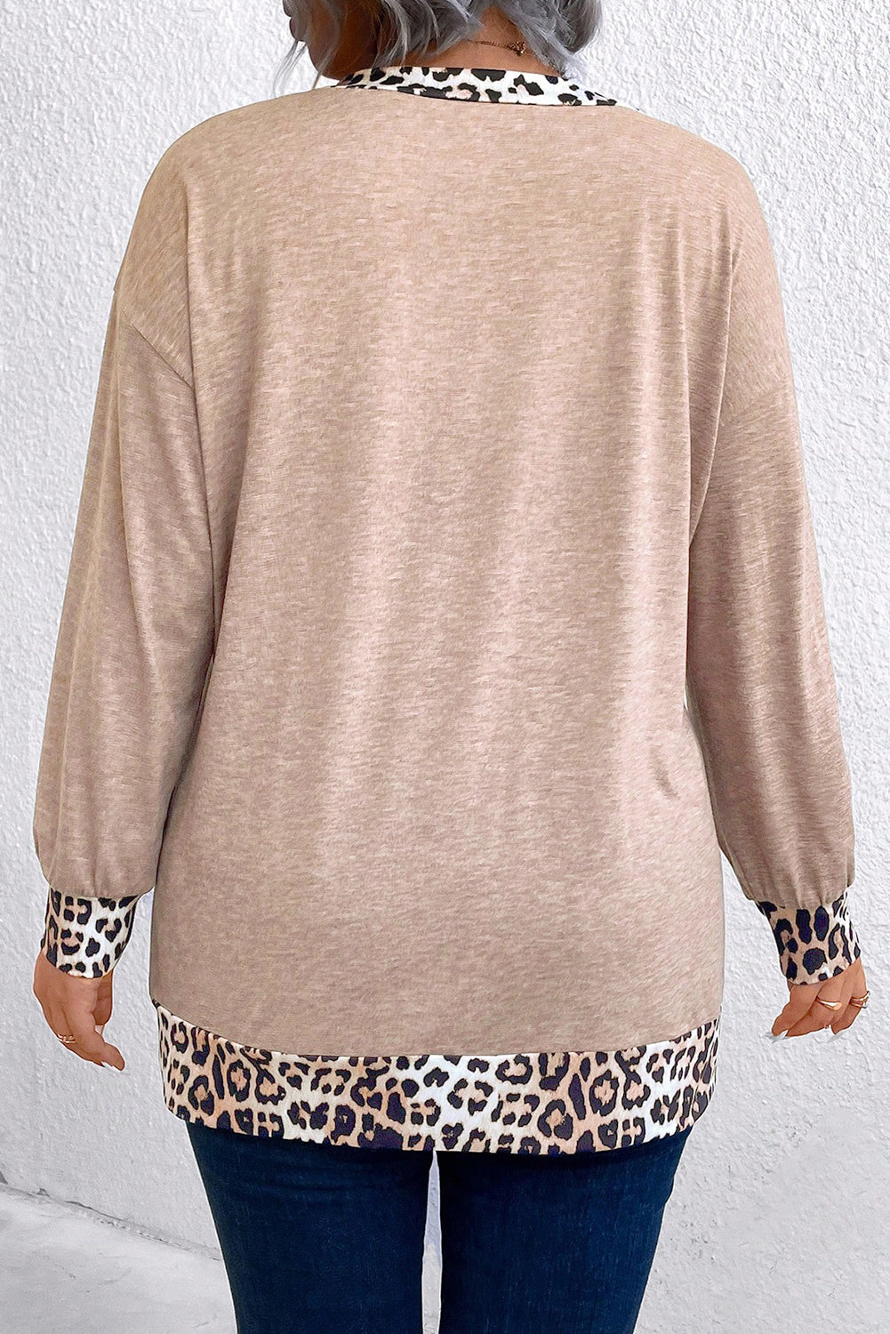 Leopard Patchwork V Neck Long Sleeve Plus Size Top