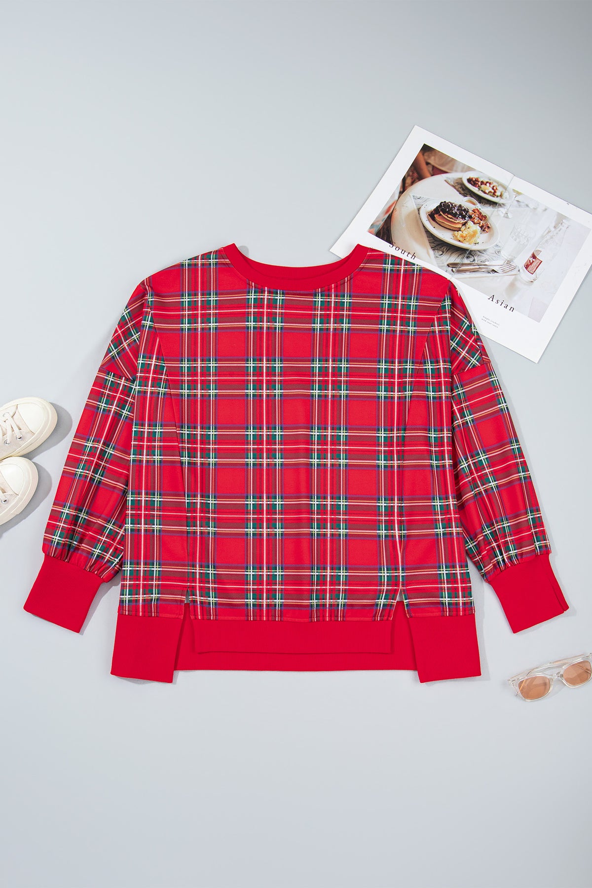 Red Plus Size Festive Plaid Long Sleeve Split Tunic Sweatshirt