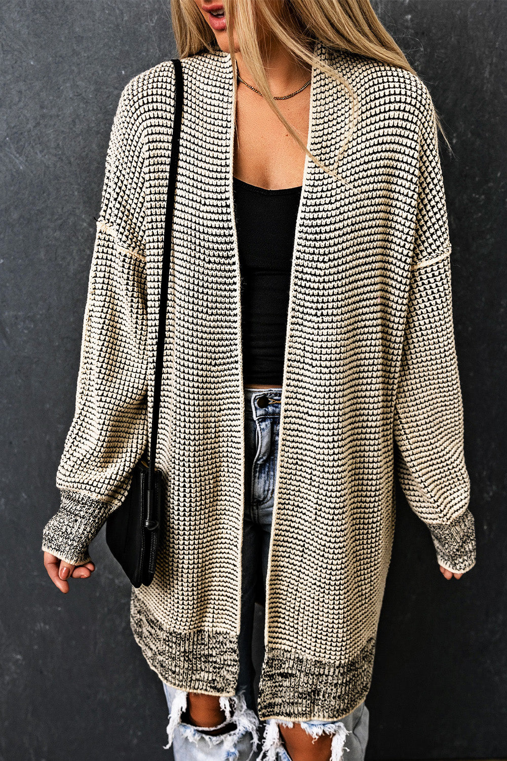 Gray Plaid Long Open Front Cardigan