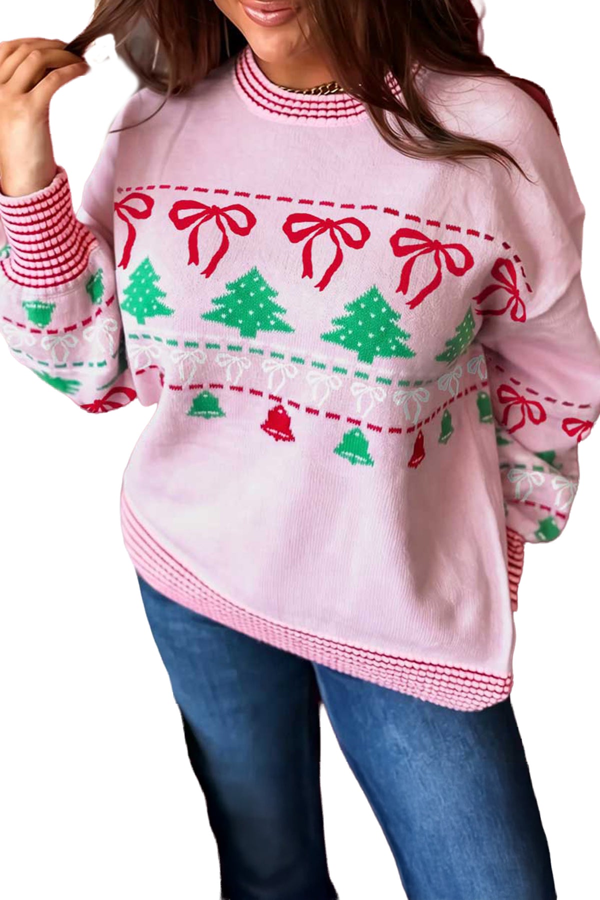 Pink Festive Holiday Print Round Neck Loose Sweater
