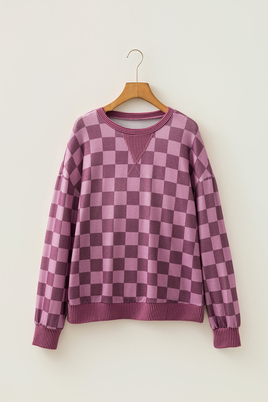 Ribbed Trim Checkered Print LS Pullover Top