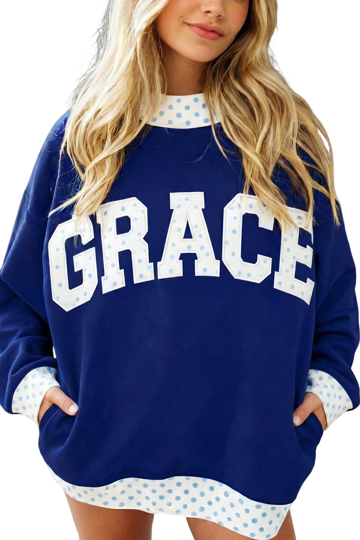 Coffee Polka Dot Trim High Neck BLESSED Letter Graphic Baggy Sweatshirt