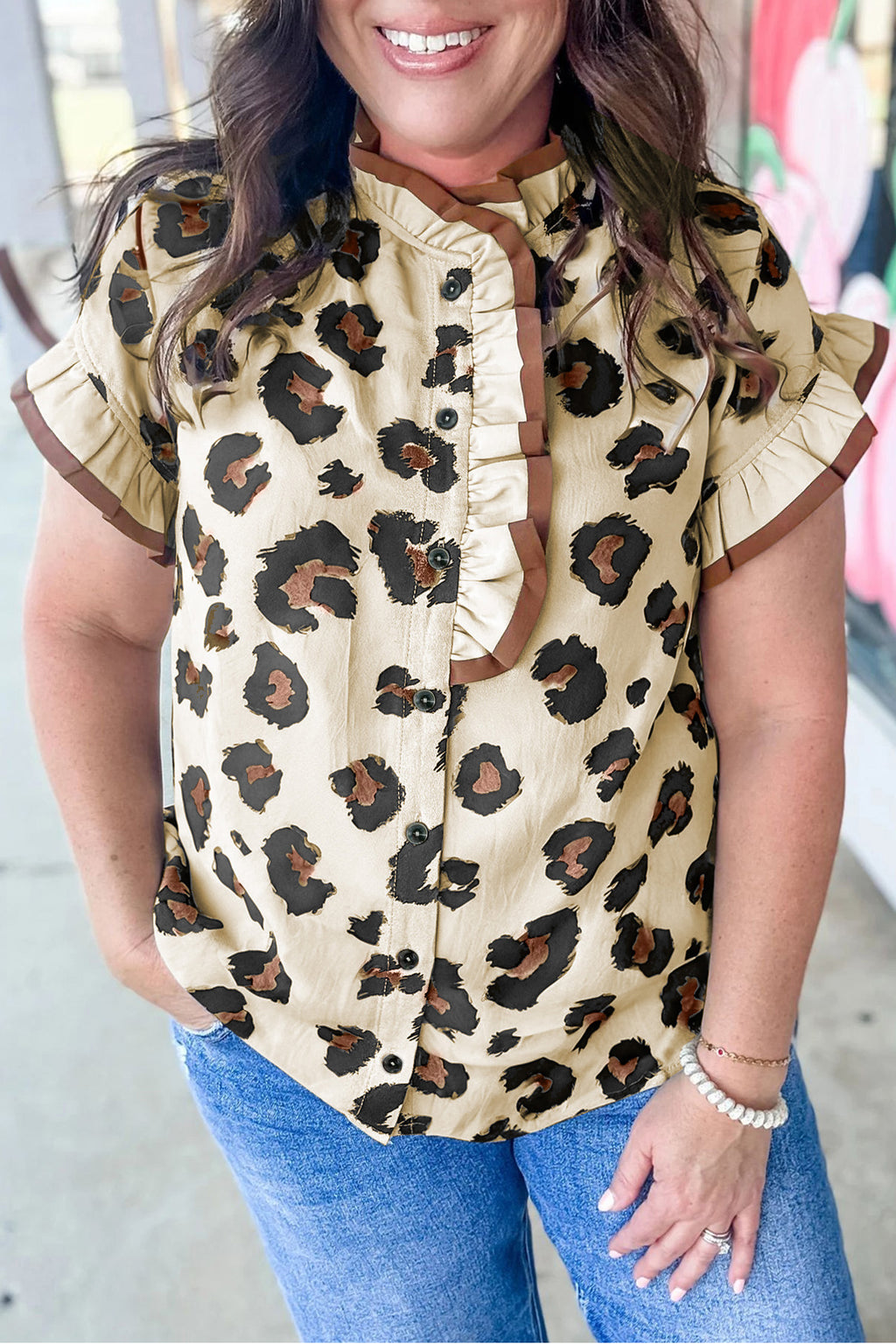 Khaki Leopard Print Frilled Color Block Trim Button Down Short Sleeve Blouse