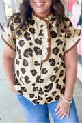 Khaki Leopard Print Frilled Color Block Trim Button Down Short Sleeve Blouse