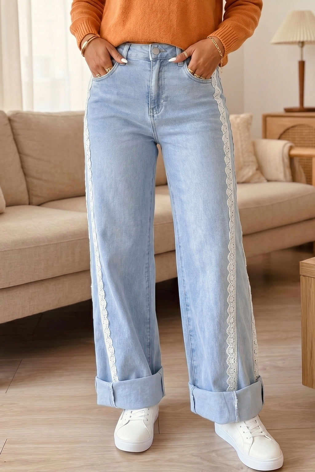 Coffee Lace Trim Casual Full-Length Regular Fit Jeans