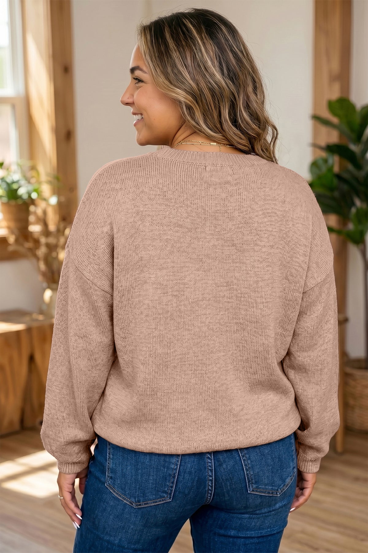 Dark Khaki Leopard Bow Embroidery Drop Shoulder Pullover Plus Size Sweater