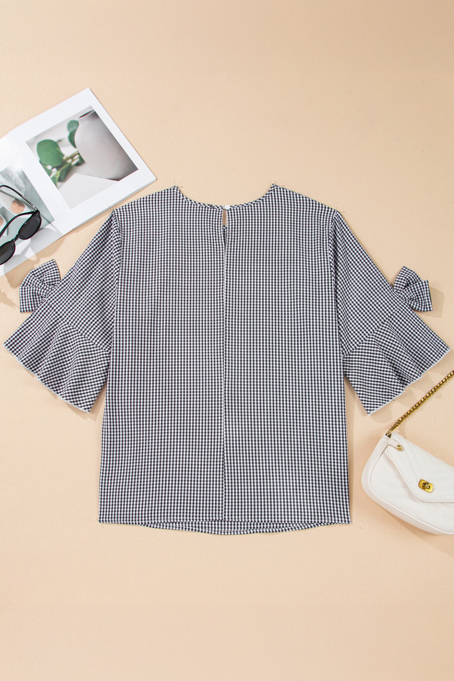 Black Plus Size Plaid Bow Decor Bell Sleeve Round Neck Pull Over