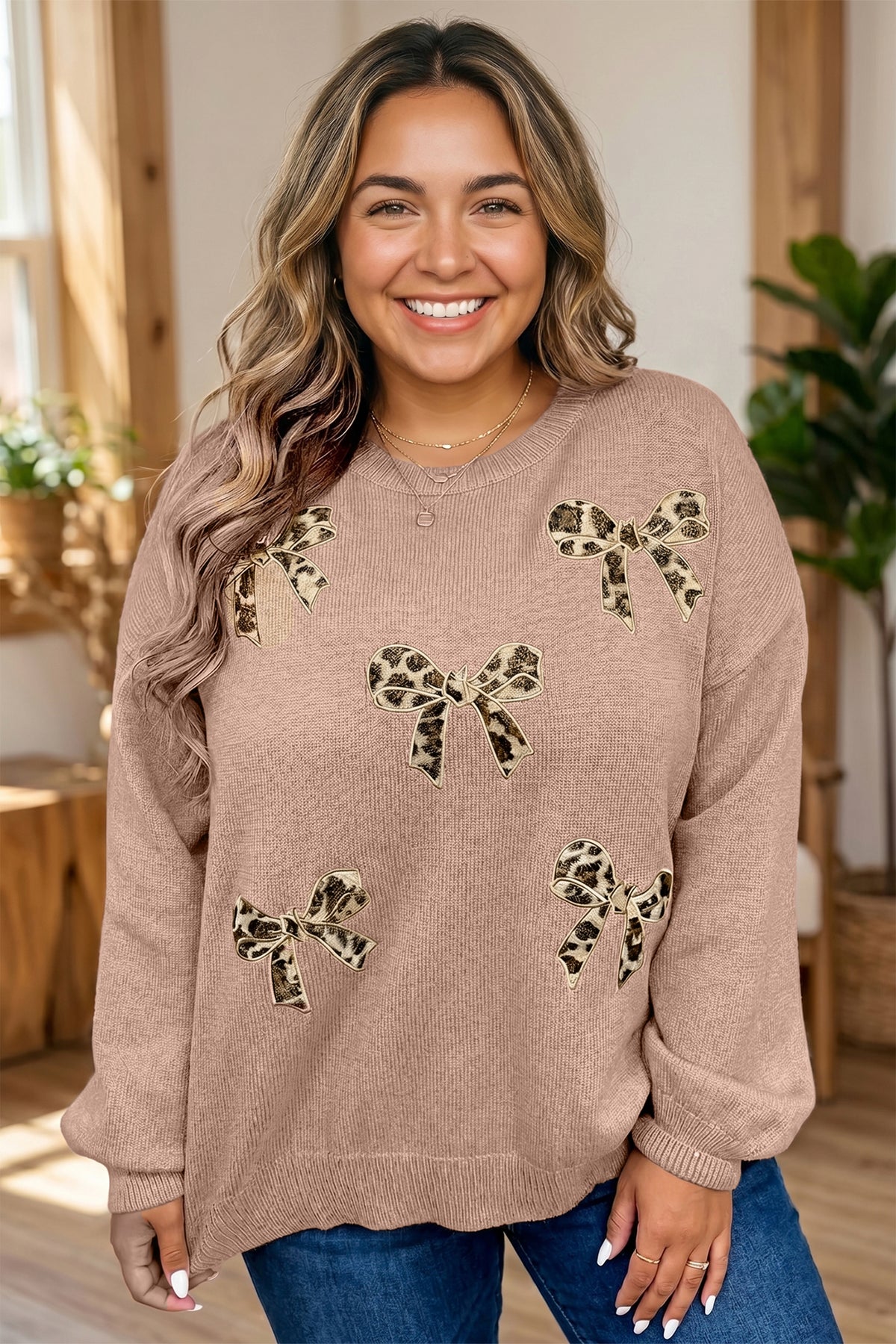 Dark Khaki Leopard Bow Embroidery Drop Shoulder Pullover Plus Size Sweater