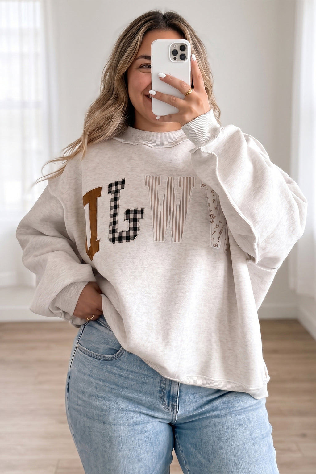 Gray WWJD Applique Exposed Seam Drop Shoulder Sweatshirt