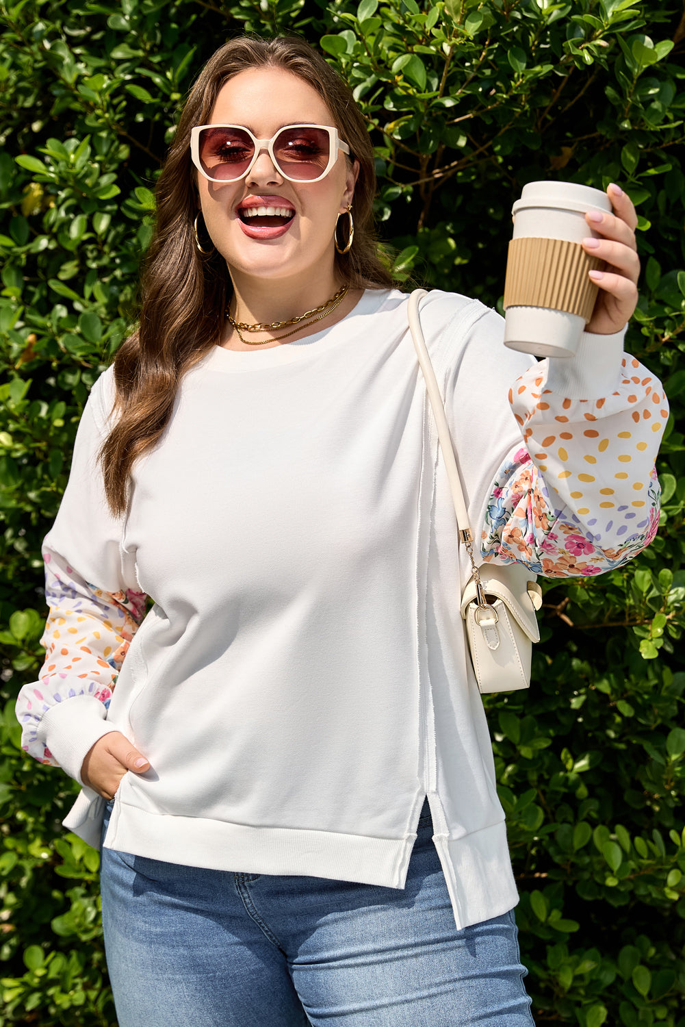 White Plus Size Exposed Seam Detail Contrast Dot Floral Patchwork Sleeve Sweatshirt