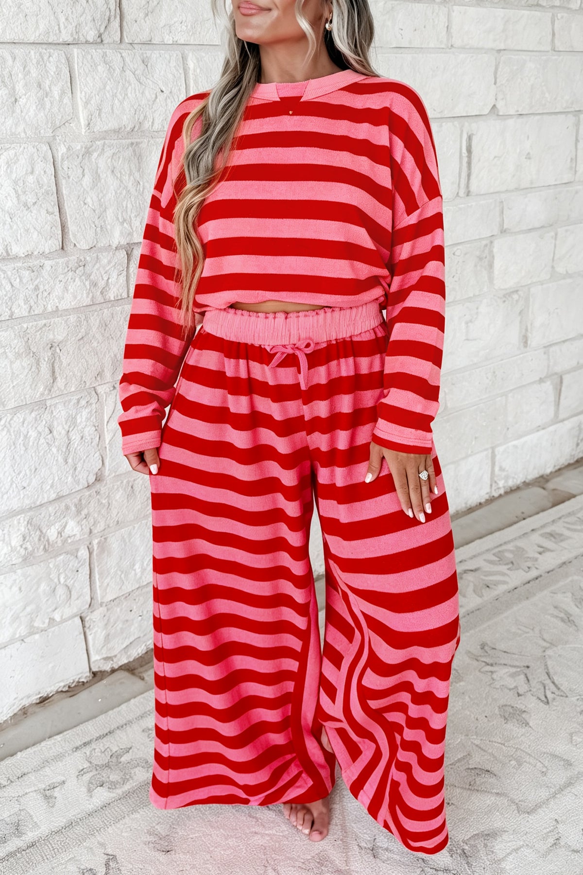 Red Stripe Two-Piece Drop Shoulder Pullover Loose Pants Set