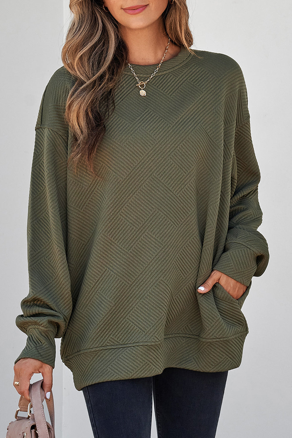 Coffee Solid Color Textured Round Neck Drop Shoulder Pullover Sweatshirt