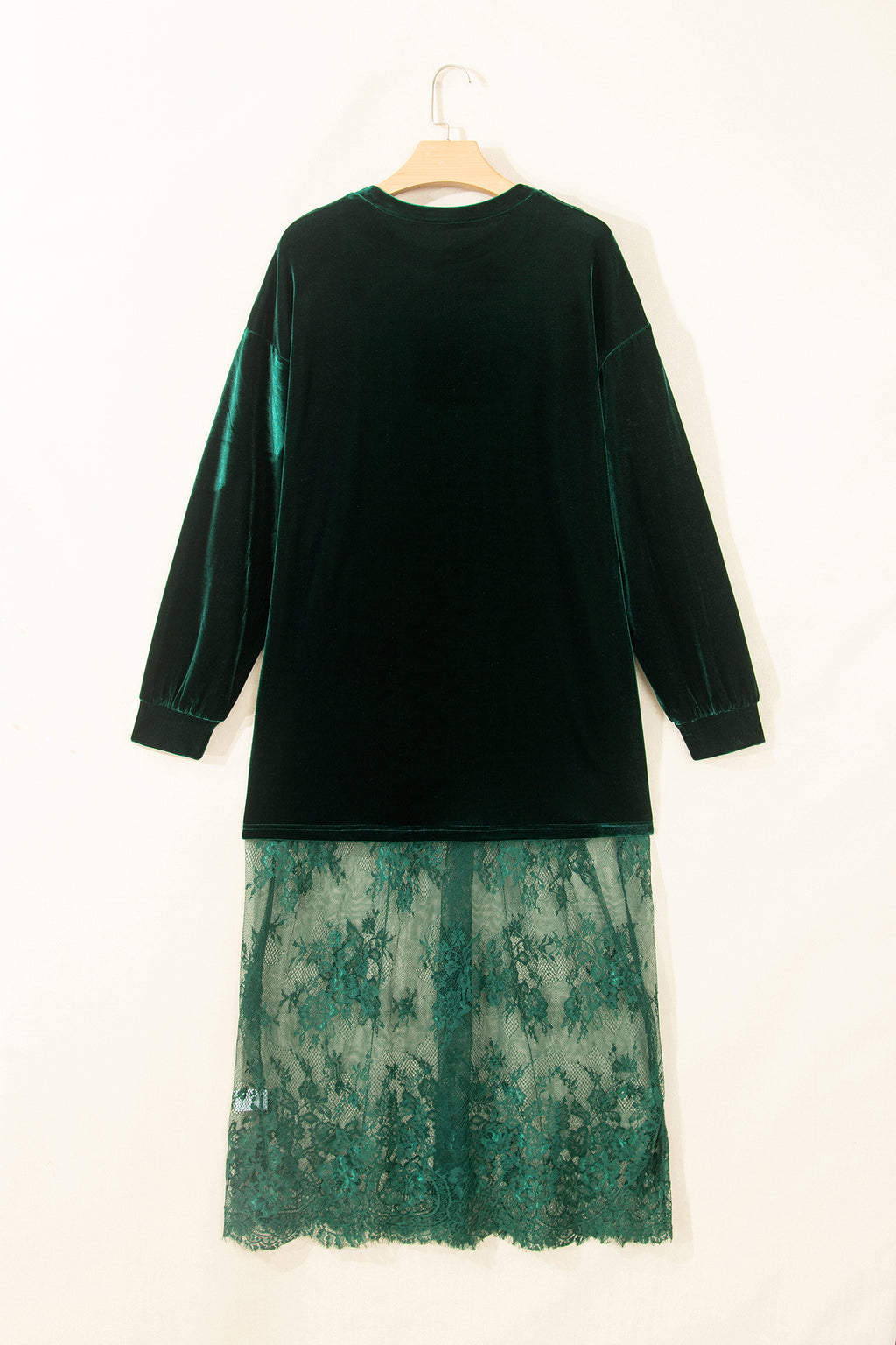 Black Velvet Long Sleeve Lace Splicing Hem Shift Maxi Dress