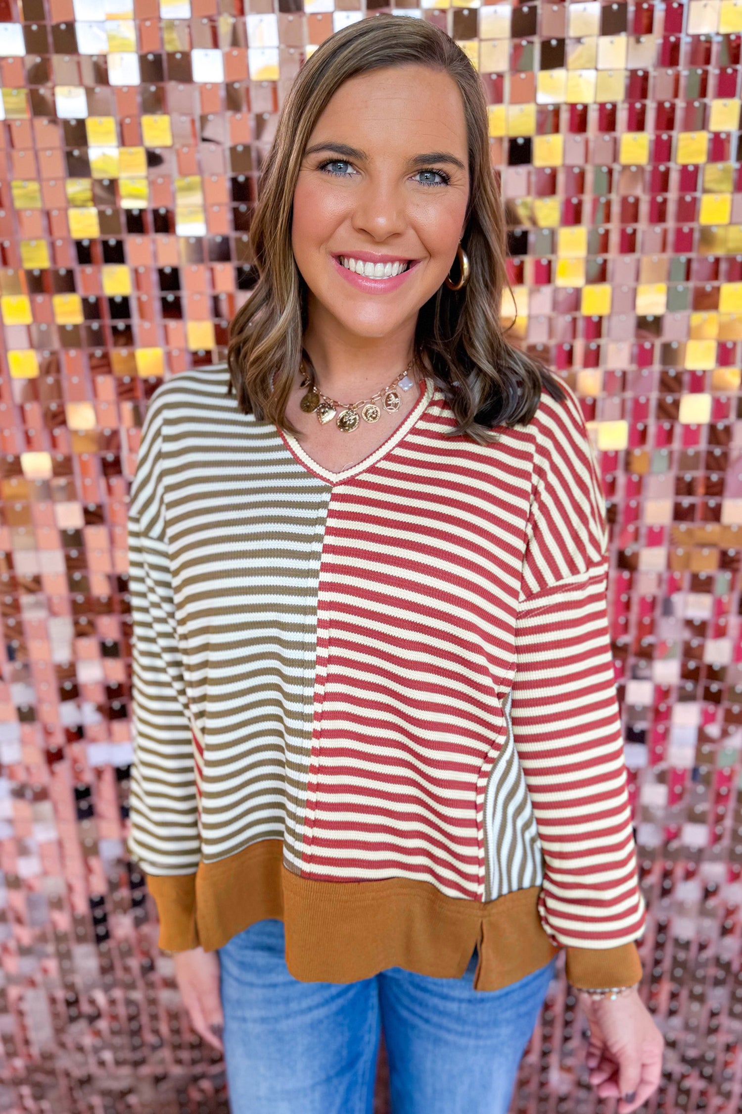 Brown Stripe Striped Colorblock V Neck Oversized Long Sleeve Plus Size Blouse