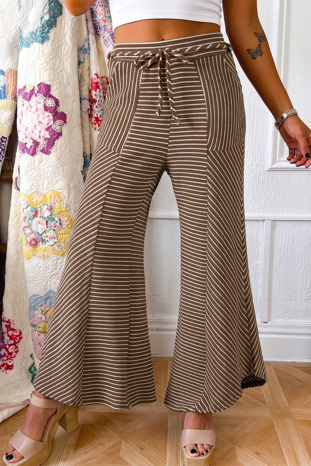Khaki Stripe Patchwork Design Wide Leg Casual Pants