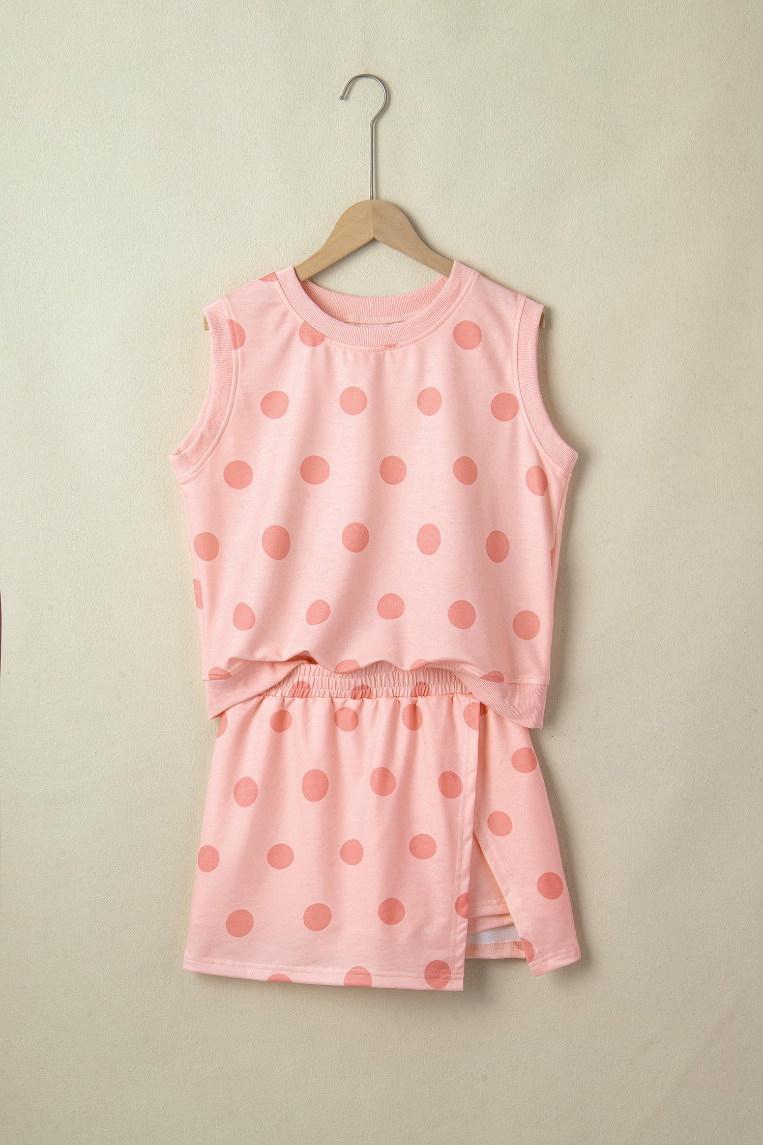 White Ribbed Trim Polka Dot Print Tank Split Mini Skort 2pcs Set