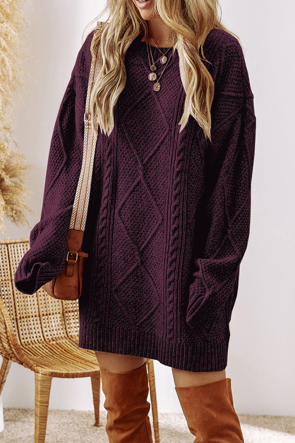 Burgundy Cable Knit Drop Shoulder Loose Fit Sweater Dress