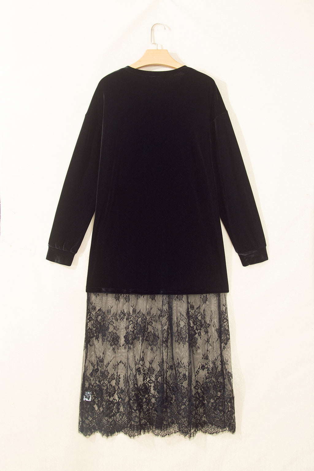 Black Velvet Long Sleeve Lace Splicing Hem Shift Maxi Dress