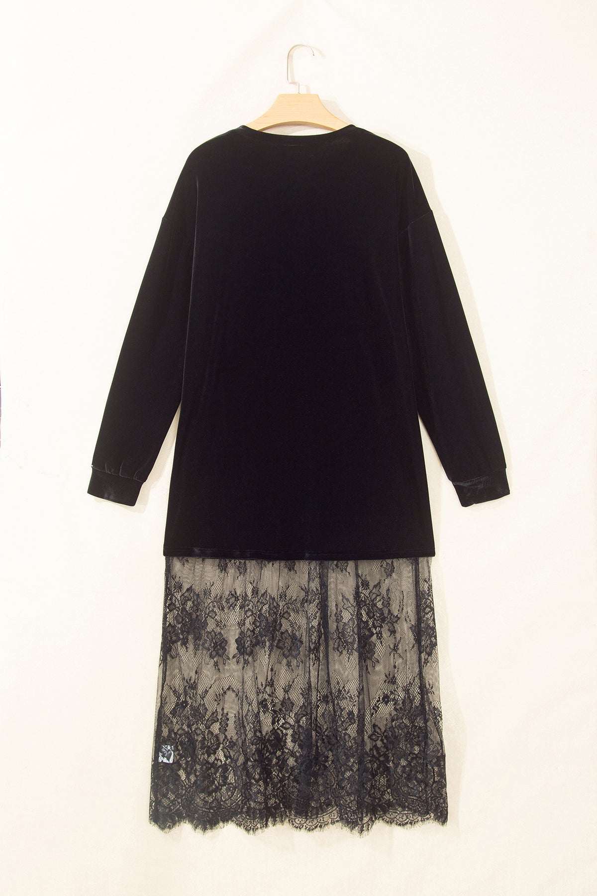 Black Velvet Long Sleeve Lace Splicing Hem Shift Maxi Dress