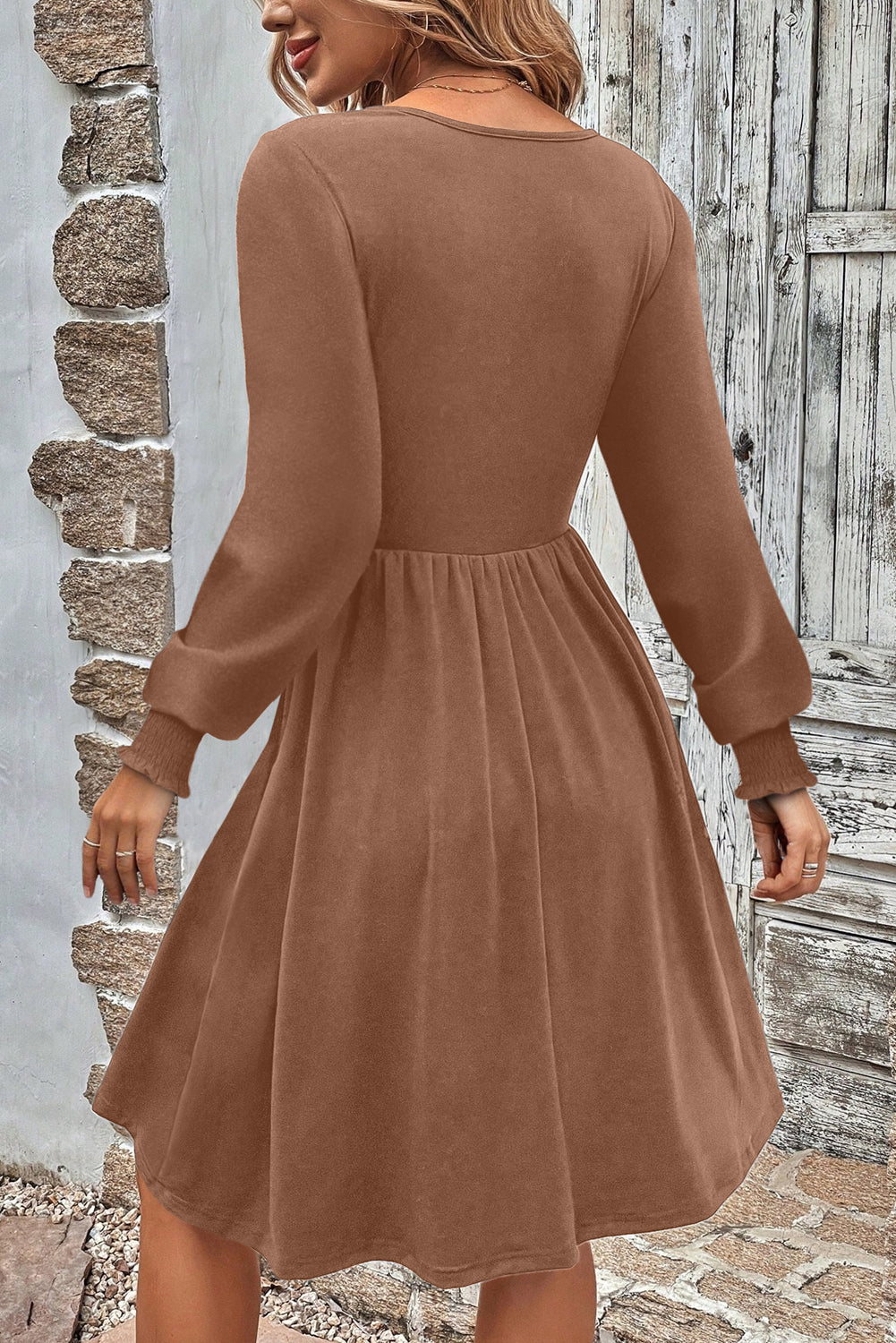 Chestnut Shirred Cuff Long Sleeve Button Round Neck Mini Dress