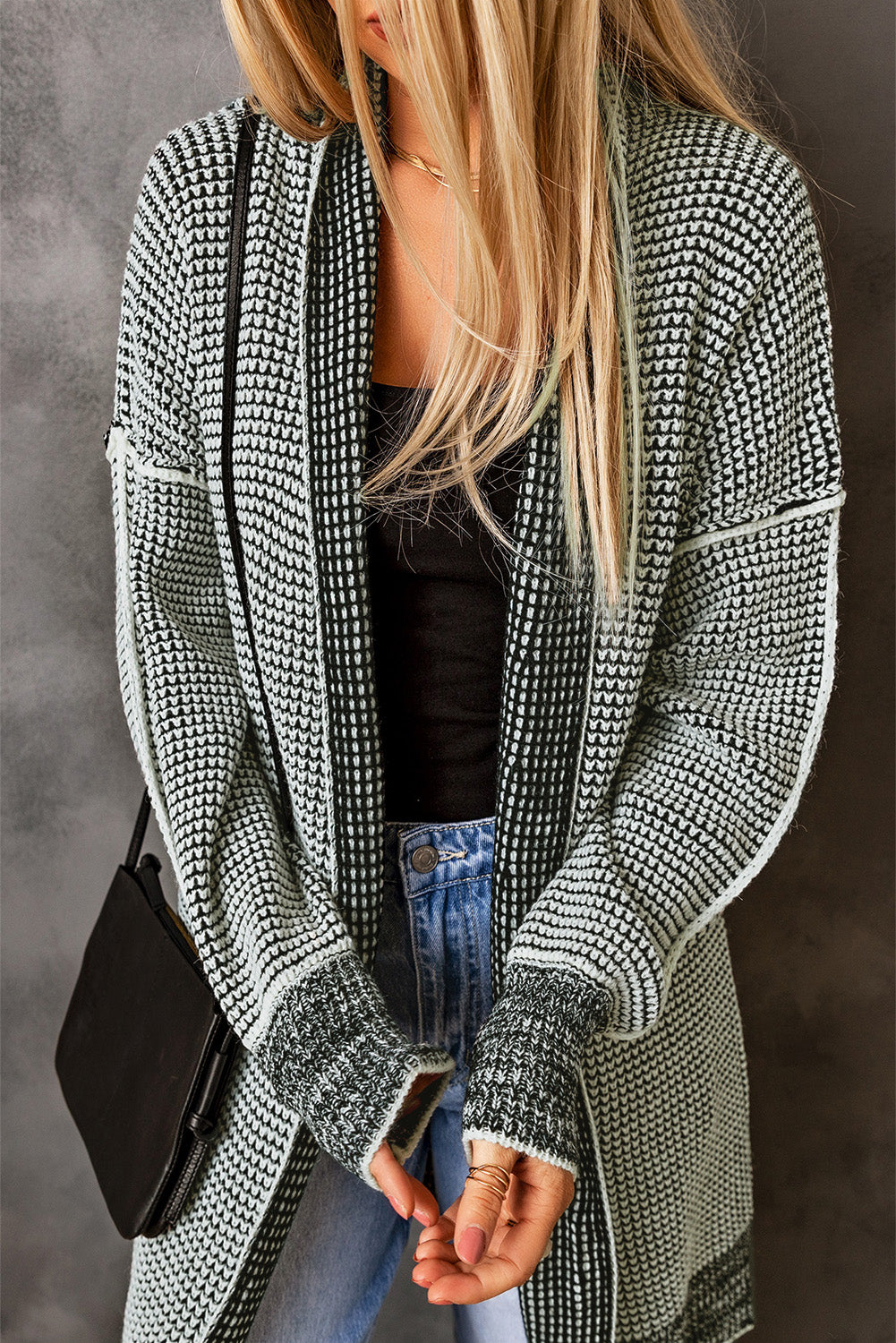 Gray Plaid Long Open Front Cardigan