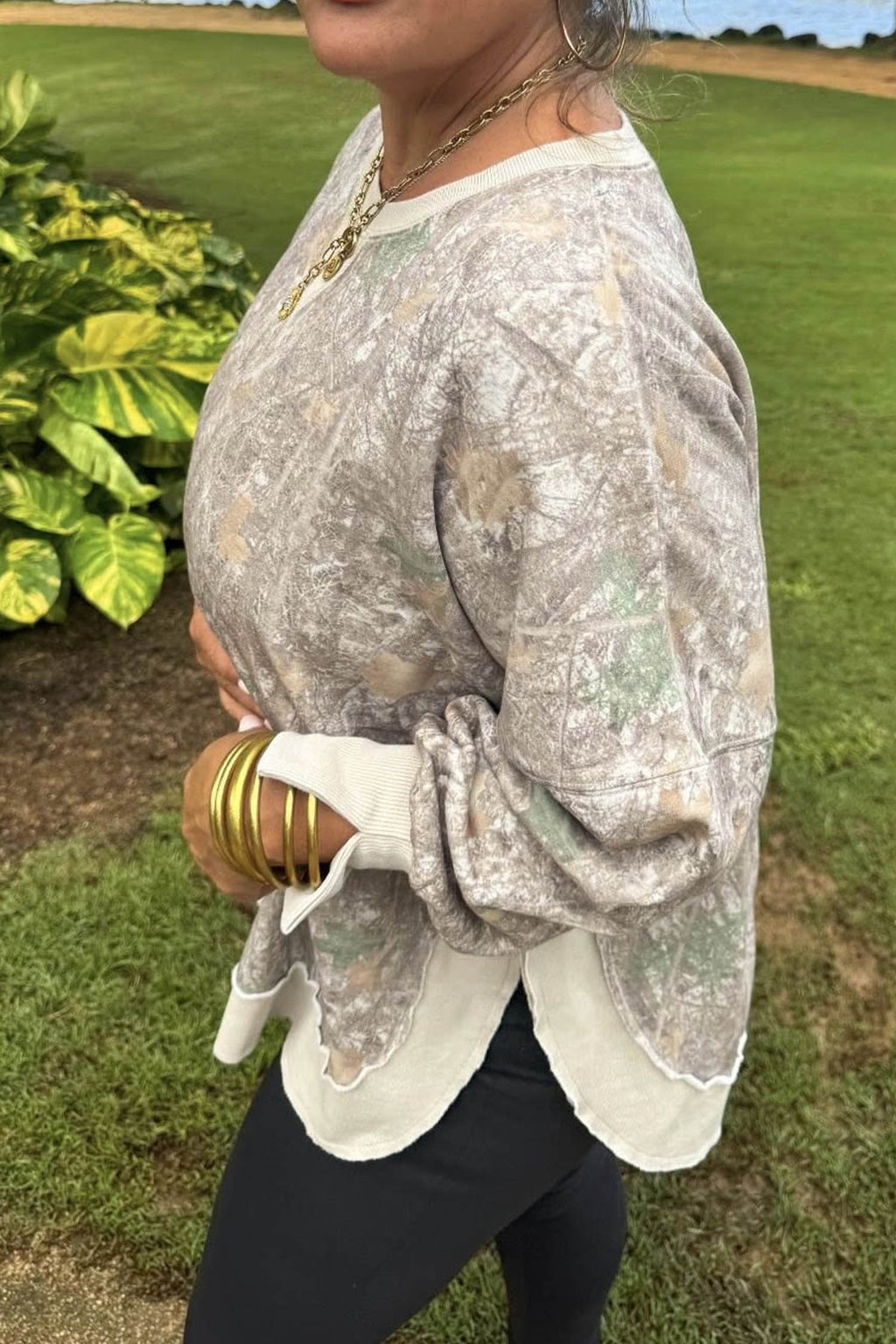 Khaki Camouflage Print Round Neck Long Sleeve Shift Plus Size Sweatshirt