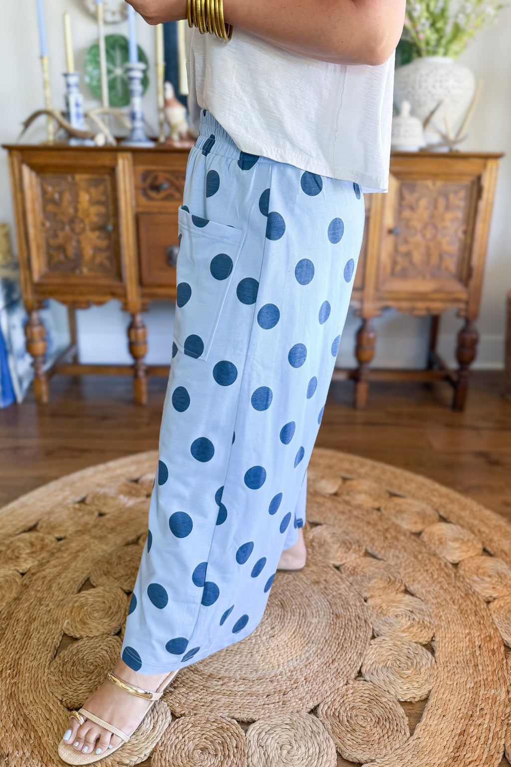 Cream Polka Dot Elastic Waist Wide Leg Pants