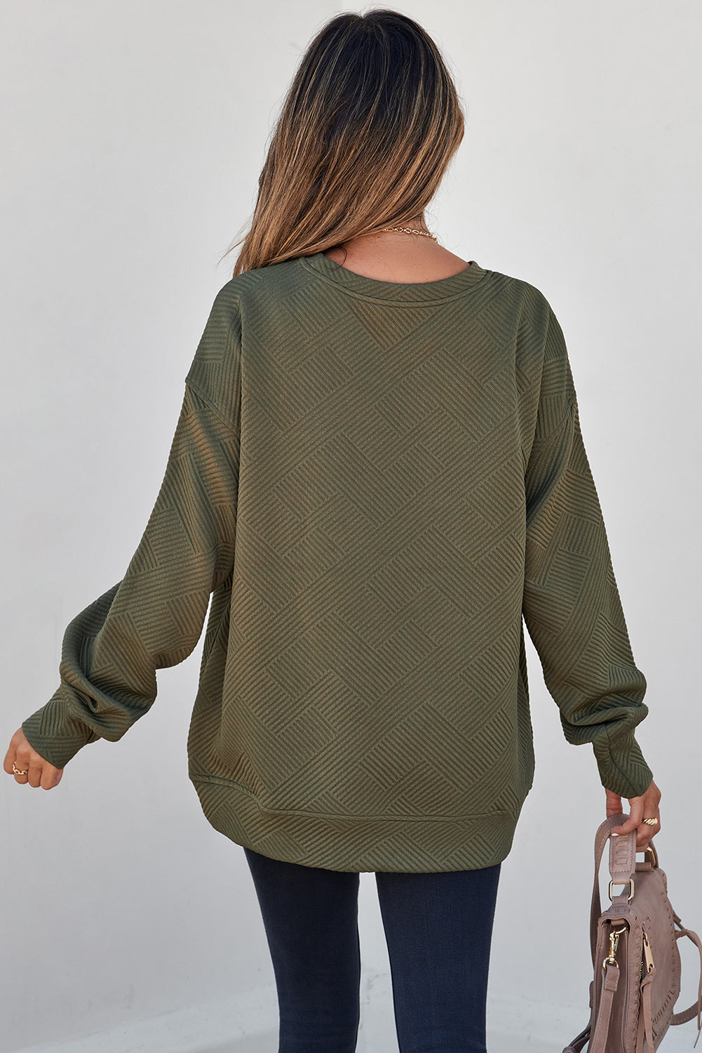 Coffee Solid Color Textured Round Neck Drop Shoulder Pullover Sweatshirt