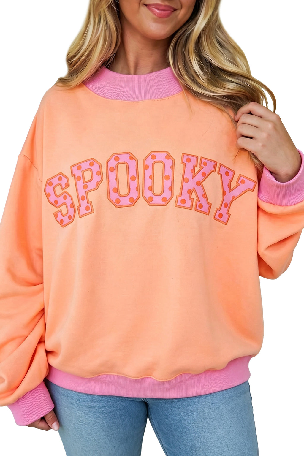 Pink Contrast Polka Dot Slogan Graphic Color Block Mock Neck Plus Sweatshirt