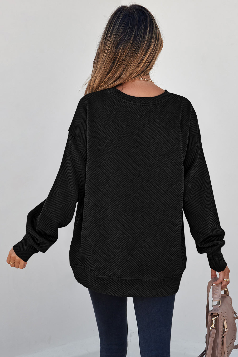 Coffee Solid Color Textured Round Neck Drop Shoulder Pullover Sweatshirt