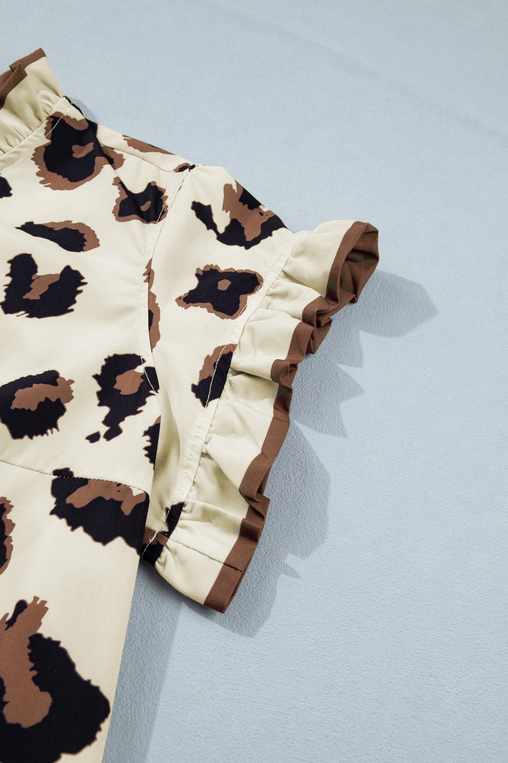 Khaki Leopard Print Frilled Color Block Trim Button Down Short Sleeve Blouse