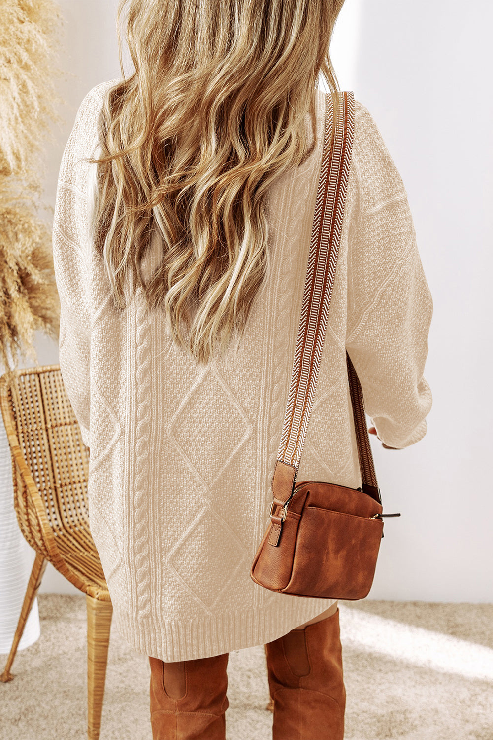 Burgundy Cable Knit Drop Shoulder Loose Fit Sweater Dress
