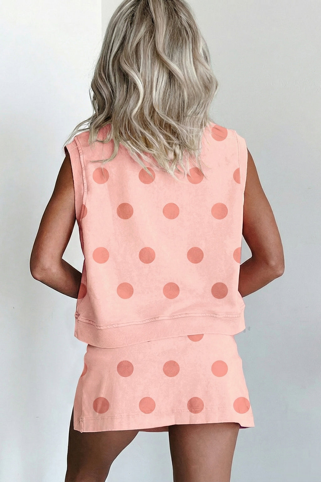 White Ribbed Trim Polka Dot Print Tank Split Mini Skort 2pcs Set