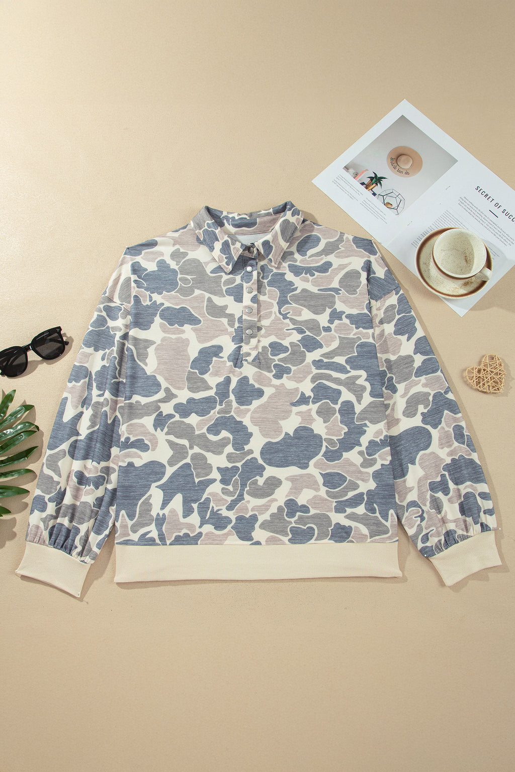 Multicolour Casual Camo V-Neck Buttoned Sweatshirt