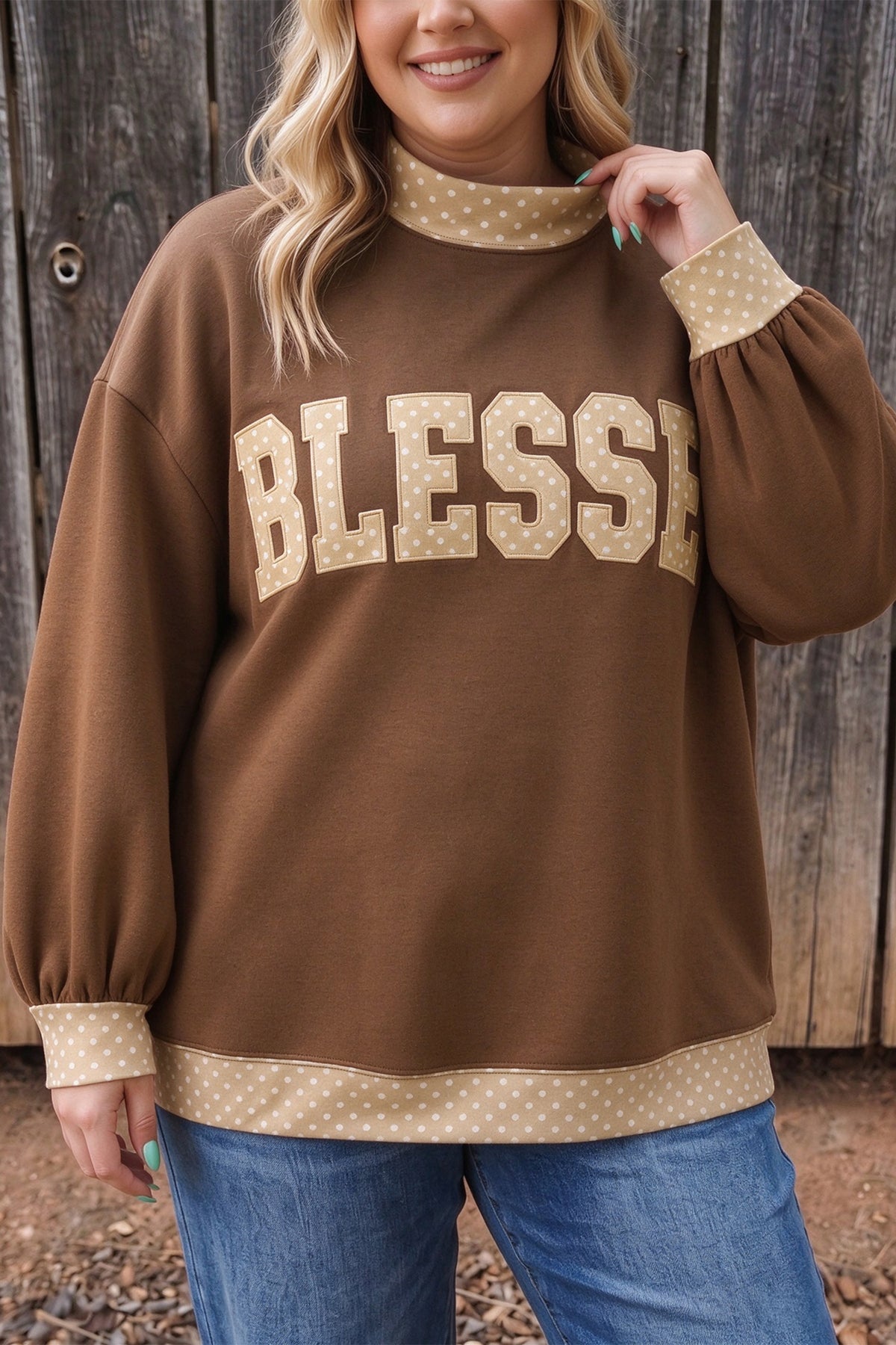 Coffee Plus Size Polka Dot Trim Mock Neck BLESS Graphic Sweatshirt