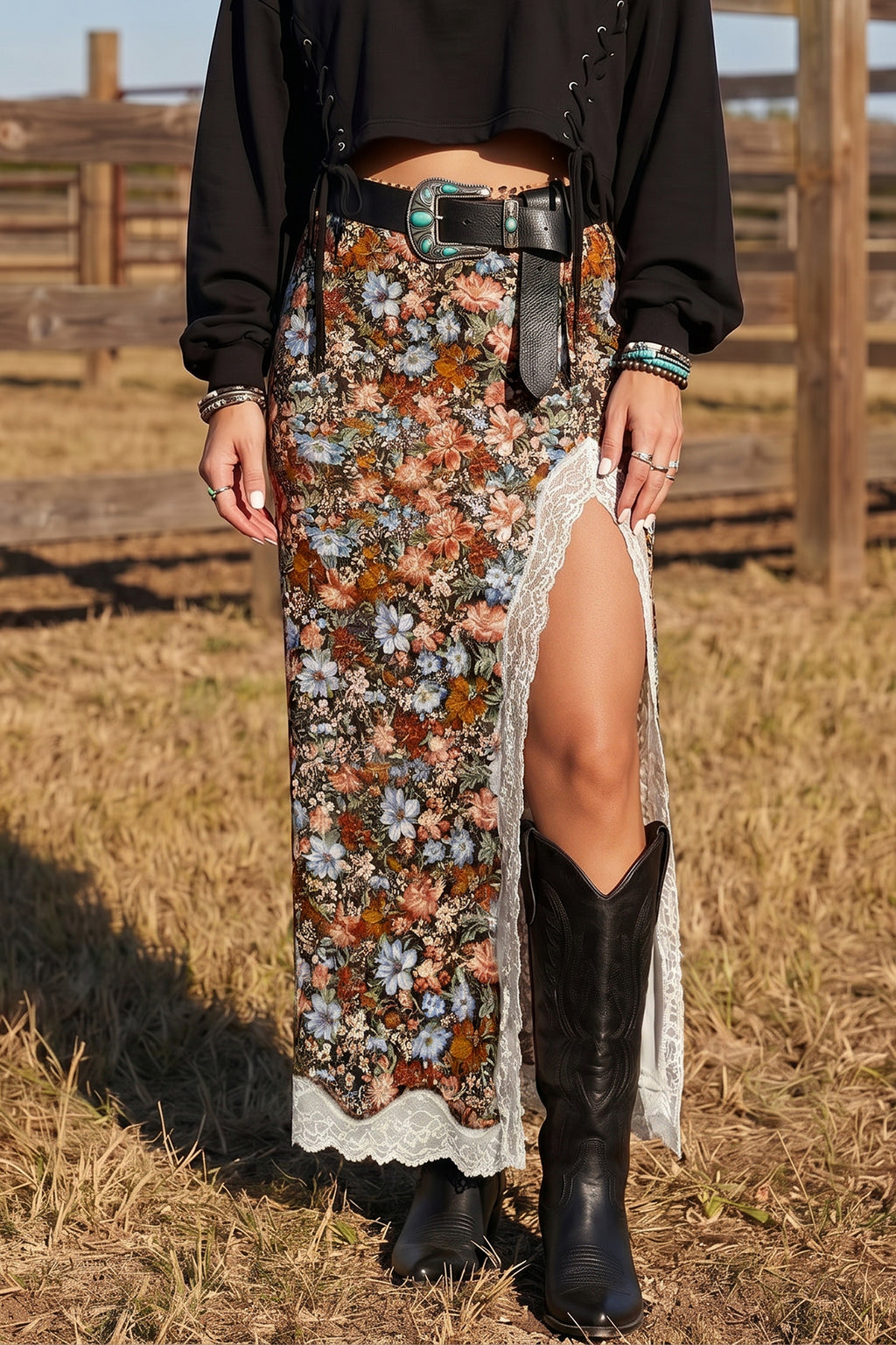 Cheetah Print and Lace Maxi Western Skirt