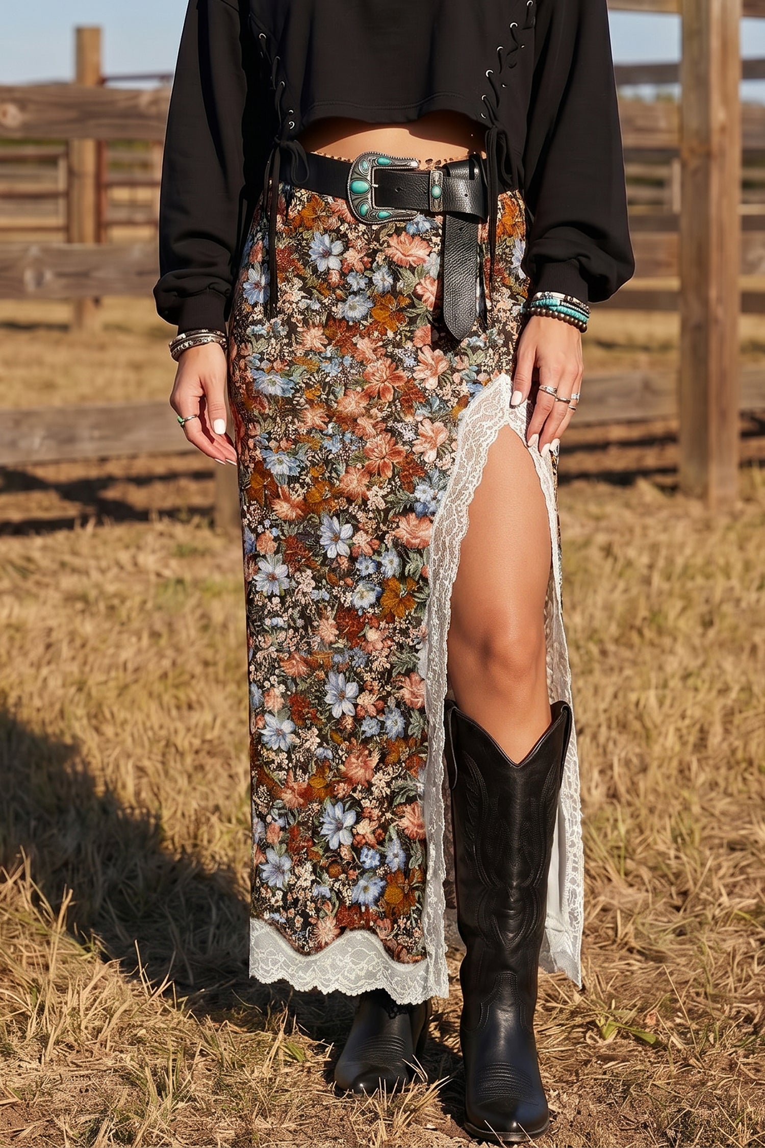 Cheetah Print and Lace Maxi Western Skirt